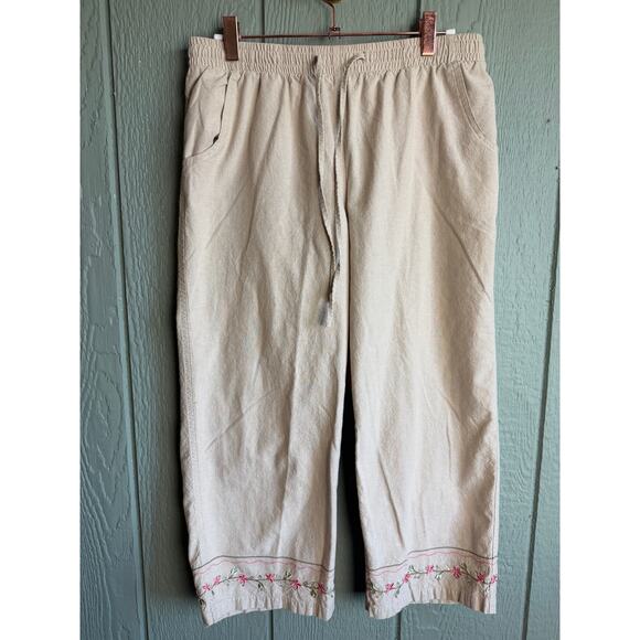 Vintage 90s Embroidered Cotton Pants M Beige Crop Pants with Floral Hem - Picture 2 of 8